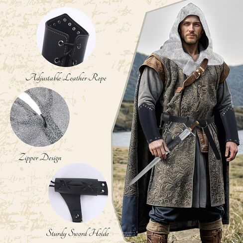 Men's Renaissance Costume Medieval Knight Cowl Crusader Costume Halloween Medieval Pirate Viking Leather Waist Belt Bracer in Saudi Arabia