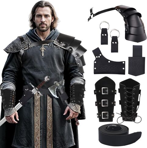 Men's Renaissance Costume Medieval Knight Cowl Crusader Costume Halloween Medieval Pirate Viking Leather Waist Belt Bracer in Saudi Arabia