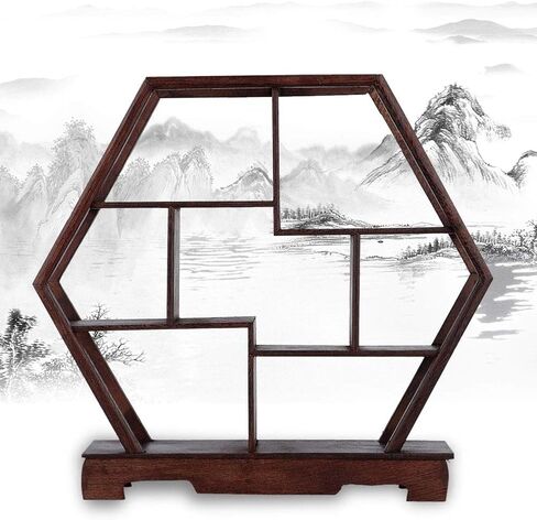 Chinese Wooden Display Stand Decoration Wooden Display Shelf Desk Organizer for Tea Pots Crafts Figurines Flower Pot Miniatures (Hexagon) in Saudi Arabia