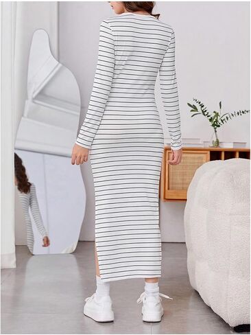 MakeMeChic Girl's Striped Print Midi Dress Long Sleeve Round Neck Slit Hem Tee Dress in Saudi Arabia