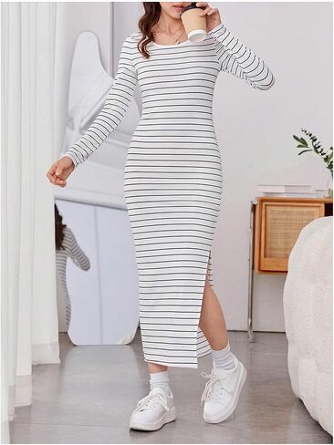 MakeMeChic Girl's Striped Print Midi Dress Long Sleeve Round Neck Slit Hem Tee Dress in Saudi Arabia