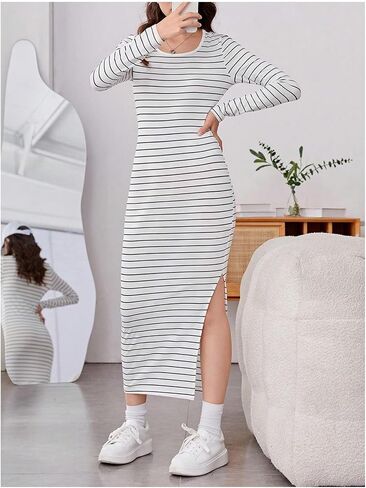 MakeMeChic Girl's Striped Print Midi Dress Long Sleeve Round Neck Slit Hem Tee Dress in Saudi Arabia