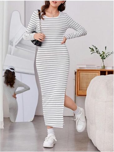 MakeMeChic Girl's Striped Print Midi Dress Long Sleeve Round Neck Slit Hem Tee Dress in Saudi Arabia