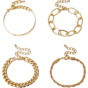 Gold Stackable Bracelets for Women, 4 pack Cuban Link Chain Bracelet Set, Layered Chain Bracelets Pack Jewelry Gifts for Women Mom 7"+2"