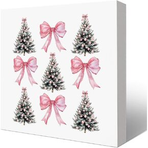 HONLUNG Christmas Decor Sign, Pink Bow Coquette Trendy Wood Box Sign Decoration For Home Bedroom Bathroom Table Desk Shelf Tabletop, Girls Christmas Gifts, 5x5 Inch