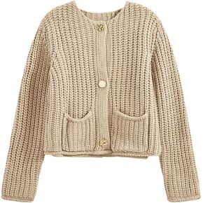Saodimallsu Womens Button Up Sweaters Fall Chunky Knit Trendy Crewneck Open Front Loose Cardigan with Pockets