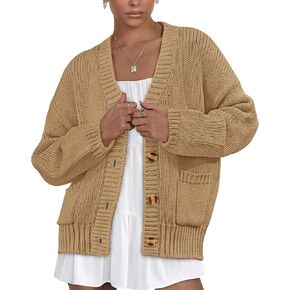 PRETTYGARDEN Women's Cardigan Sweaters Long Sleeve Open Front Button Up V Neck Ribbed Knit Winter Sweater Jackets