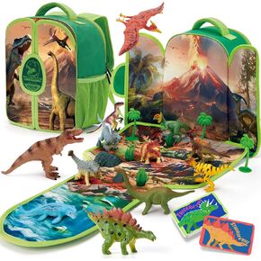 COCO&Friends Dinosaur Toys for Kids 3-5 - Portable Dinosaur Backpack Play Set with Foldable 3D Mat for Prehistoric Play - 3 Year Old Boy Open Ended Toys for 4 Year Old Boys Christmas Birthday Gifts