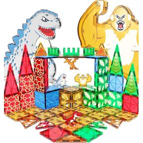 Dinosaurs Toys Magnetic Tiles for Kids 3-5, Dino, Kong and Godzilla Animals World Construction Tile for Toddlers Ages 5-7, Magnet Building Blocks for Boys Girls Ages 3+ 4-8 8-12 Year Old
