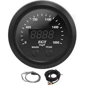 Gas Temperature Meter, EGT Car Gas Temperature Gauge Boost Gauge Kit 2‑1/16in 52mm Ultra Thin 0‑1800℉ Red LED Universal with Sensor