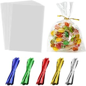 200 Pcs Cellophane Bags, 1.5mils Cellophane Treat Bags with Ties, Thick OPP Clear Treat Bags Goodie Bags for Bakery, Cookies, Candies, Gift Packing(4" x 6")