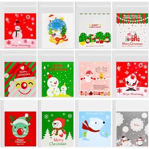 BOUBONI 240 PCS Christmas Treat bags Self-Adhesive Candy Goodie Bag for Christmas Holiday Party Favor Gift Decoration Supplies (Red,Grey,White,Green)