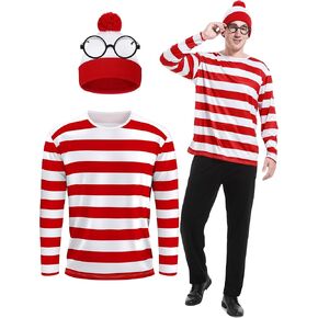 3 Pieces Men Halloween Costume Set, Adult Cosplay Costumes Red and White Striped Shirt with Hat and Nerd Glasses