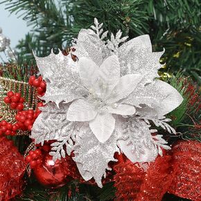 Vitalili 16 Pcs Poinsettia Artificial Christmas Flowers Decorations with Clips and Stems Glitter Christmas Poinsettia Decorations for Xmas Tree Ornaments Winter Party Wreath Decoration (White)
