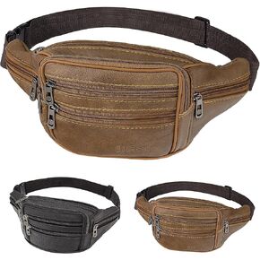 Genuine leather men's and women's waist bag, adjustable shoulder strap small waist bag, hiking, outdoor running waist bag, multi pocket waist bag, crossbody backpack (black)