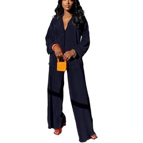 Two Piece Outfit Sets for Women Casual Long Sleeve Button down Shirt Pleated Wide Leg Pants Lounge Streetwear Set