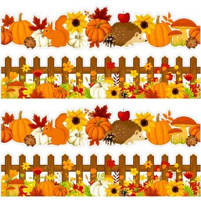 Whaline 69FT Fall Bulletin Board Borders Autumn Fence Flower Border Trim Self-Adhesive Pumpkin Fall Leaves Squirrel Hedgehog Board Decal Stickers for School Classroom Wall Thanksgiving Decor