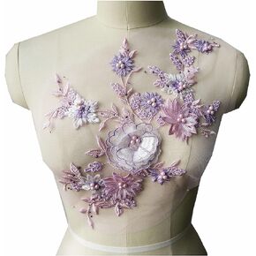 Lace Fabric 3D Flowers Appliques Beads Rhinestones Embroidery Sew Patch for DIY Wedding Decoration Dress (Yellow)
