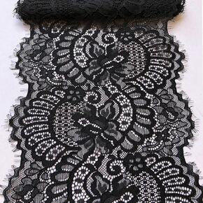 7 Inches Wide Black Stretch Lace Fabric Elastic Lace Ribbon with Eyelash for Bridal Wedding Decorations, Sewing DIY Making and DIY Crafts- 5 Yards (9184 Black)