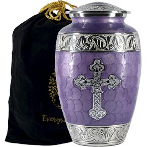 Handcrafted Cross Cremation Urns for Adult Ashes, Decorative Urns for Ashes Adult Male, Funeral Urns for Human Ashes Adult, with Velvet Bag - Up To 200 Lbs (Lavender Purple, Large)