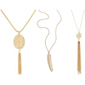 ASHMITA 3 Pieces Long Pendant Necklace Set Disk Circle Y Tassel Leaf Heart Bar Oval Sweater Statement Necklace for Women Jewelry Gift