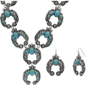 Western Style Turquoise Stone Squash Blossom Handcrafted Lariat Necklace 24 Inch and Matching Dangle Earrings