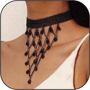 HUASAI Black Chokers Necklace for Women Halloween Crystal Tassel Collar Necklace Vintage Halloween Jewelry Gift