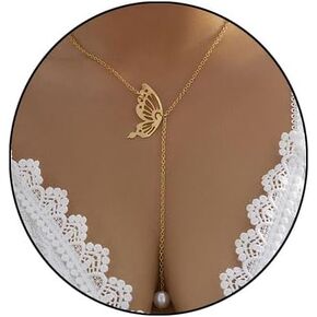 Butterfly Pearl Necklace for Women Dainty Freshwater Pearl Pendant Necklace Adjustable Y Necklace Long Butterfly Necklace Fashion Chain
