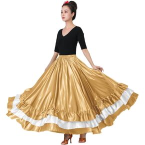 Women's Long Mexican Folkloric Dance Skirt with Ruffles, Full Dancing Circle, Shiny, Gold Theme