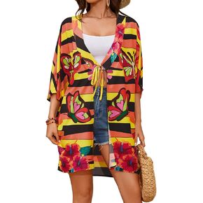 Bsubseach Women Kimono Cardigan Open Front Swimsuit Cover Ups Floral Print Cardigan Casual Half Sleeve Kimono with Drawstring