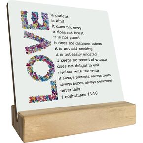 هدية لوحة خشبية اقتباس مسيحي، 1 كورنثوس 13: 4-8- الحب صبور، الحب لطيف، لوحة مع حامل خشبي، هدية لوحة خشبية ذات مغزى، علامة خشبية هدية آية الكتاب المقدس، ديكور منزلي مسيحي in Kuwait