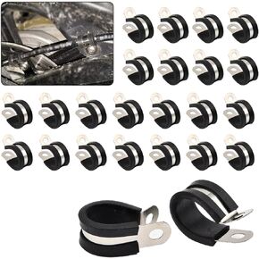 gunhunt 24 PCS Vehicle Cable Clamp Shock-absorbing Hose Clamp, 1/2In R-type 304 Stainless Steel Single Riveting Clamp with Rubber Strip, Process Insulating Pipe Hold, Suitable for Most Models (Black)
