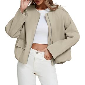 Tankaneo Womens Cropped Bomber Jackets Casual Zip Up Cargo Oversized Ruched Hem Coats with Pockets