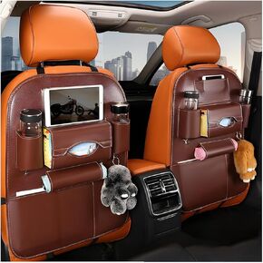 2 PCS Car SeatBack Organizer, Premium Leather Seat Back Protector with Storage Pockets, Waterproof Hanging Vehicle Storage Organizer, Universal Car Organizer Accessories (Beige)
