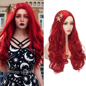 Coraline Princess Mermaid Wig Long Curly Wavy Red for Women Halloween Costume Party Wig with Starfish Hair Clips