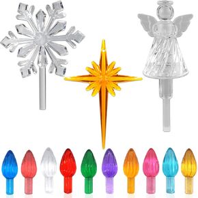 110Pcs in 10 Colors Ceramic Christmas Tree Replacement Lights - Plastic Bulbs Pegs, Included Angel Topper/Heart Top/Cross Stars/Egg/Turkey/Skeleton Hand/Clover.