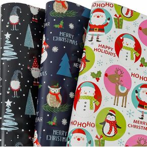 BULKYTREE Christmas Wrapping Paper for Kids Boys Girls Man Women Holiday Party 6 Large Sheets Gift Wrap 3 Designs, Penguins, Santa Claus, Owls, Gnome, and Reindeer Gifts,26.7 Inch X 37Inch Per Sheet