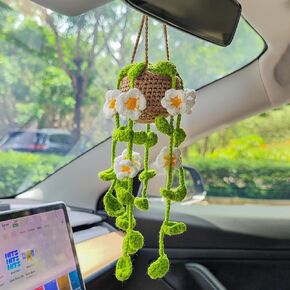 Crochet Plant Hanging Basket Car Rear View Mirror Hanging Accessories Women Interior Aesthetics Cute Handmade Knitted Girly Gift(White Flowers)