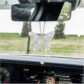 XINLIYA Bling Butterfly Diamond Car Accessories, Crystal Car Rear View Mirror Charms for Women, Car Decoration Lucky Gifts Hanging Interior Crystal Ornament Pendant Decor for All Cars （Purple）