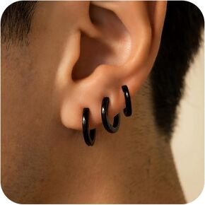 Black Huggie Hoop Earrings Set for Men, Small Stainless Steel Earrings for Multiple Piercing Hypoallergenic Lightweight Dainty Jewelry, Trendy Cartilage Earrings for Women Gifts 3 Pairs