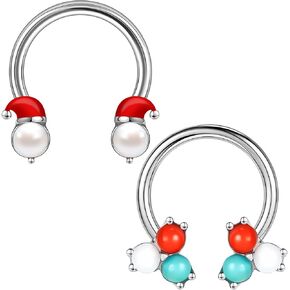ZS 2Pcs Christmas Septum Rings, 16G Stainless Steel Horseshoe Nose Ring Hinged Segment Ring Cartilage Earring Hoop Xmas Trees Candy Daith Jewelry for Women Men