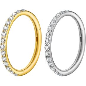 2Pcs Titanium & 316L Steel Nose Ring Hoops, Gold/Silver Cartilage Earrings for Men & Women - Septum, Tragus, Conch, Helix, Daith, Lip Piercing Jewelry with CZ Accent