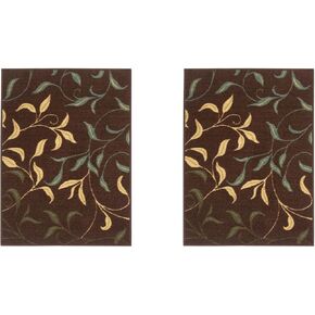Machine Washable Leaves Design Non-Slip Rubberback 3x5 Traditional Area Rug for Living Room, Bedroom, Kitchen, 3'3" x 5', Brown