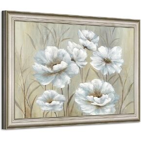 Abstract Floral Framed Wall Art - White Flower Canvas Painting Yellow Blossom Picture Artwork for Living Room Bedroom