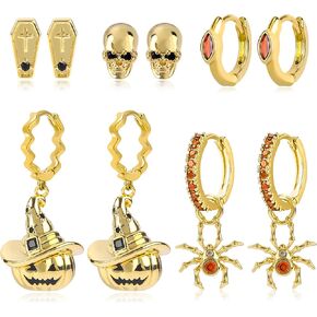 Gold Halloween Earrings Set for Women 14K Gold Plated Spider Pumpkin Huggie Hoop Earrings Cubic Zirconia Dainty Skull Coffin Stud Earrings for Multiple Piercing Costume Party Jewelry Gifts for Women