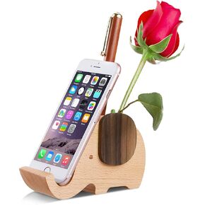 AhfuLife Wooden Elephant Cell Phone Holder/Stand with Pen&Pencil Holder/Pot, Desk Decoration Multi-functional Supplies Stationery Organizer, Christmas Gift Birthday Graduation Gift