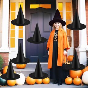 8Pcs Halloween Black Witches Hats Costume Accessory Decorations, Floating Porch Indoor Outdoor Hocus Pocus Decor Party Supplies,Wizard Hats for Women Men with Hanging Rope