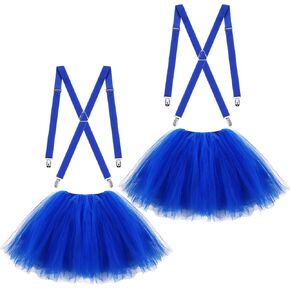 Zhanmai 2 Sets Women's Tutu Skirts Suspenders Set 5 Layered Blue Tulle Tutu Skirts Y Back Adjustable Suspenders with Clips for Party Cosplay Costume
