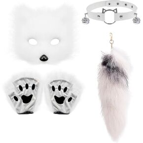 Huralona Therian Mask Fox Tail Gloves Set for Girls Faux Fur Furry Mask Wolf Cat Mask Tail for Halloween Costume Party