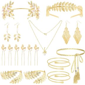 18 Pcs Greek Goddess Costume Accessories Set Golden Leaf Headpiece Necklace Upper Arm Cuff Coil Bracelet Waist Belt